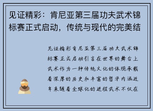 见证精彩：肯尼亚第三届功夫武术锦标赛正式启动，传统与现代的完美结合