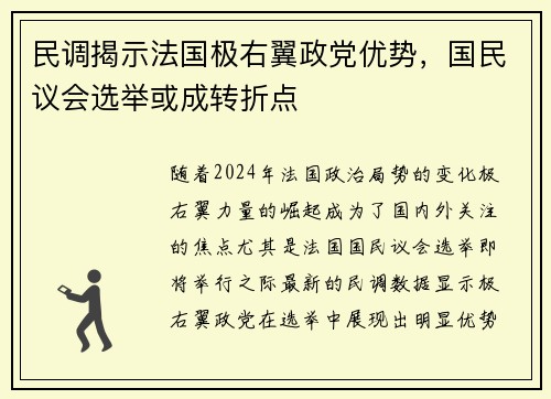 民调揭示法国极右翼政党优势，国民议会选举或成转折点