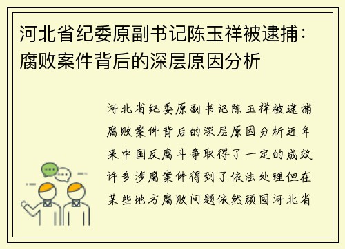 河北省纪委原副书记陈玉祥被逮捕：腐败案件背后的深层原因分析