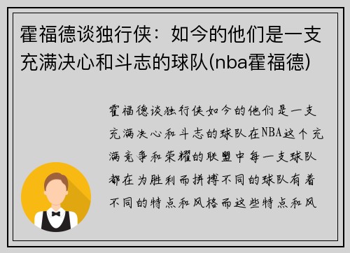 霍福德谈独行侠：如今的他们是一支充满决心和斗志的球队(nba霍福德)